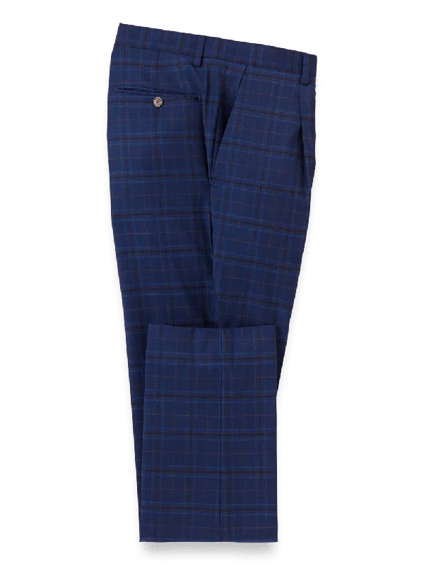 Wool Stretch Plaid Single Pleat Suit Pants - Blue