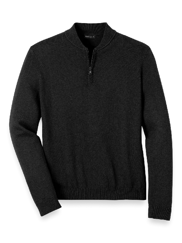 Cotton Quarter Zip Mock Neck Sweater - Black