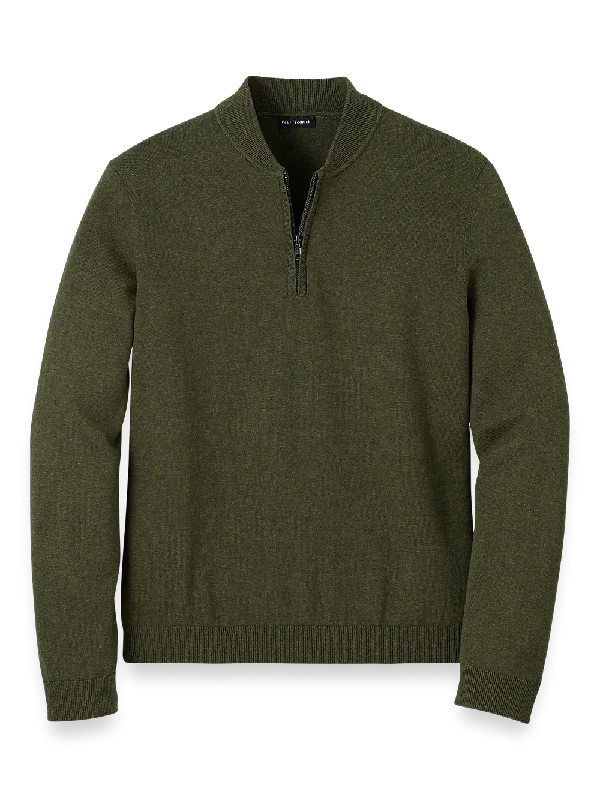 Cotton Quarter Zip Mock Neck Sweater - Olive