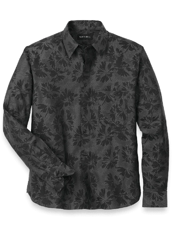 Cotton Floral Jacquard Casual Shirt - Charcoal