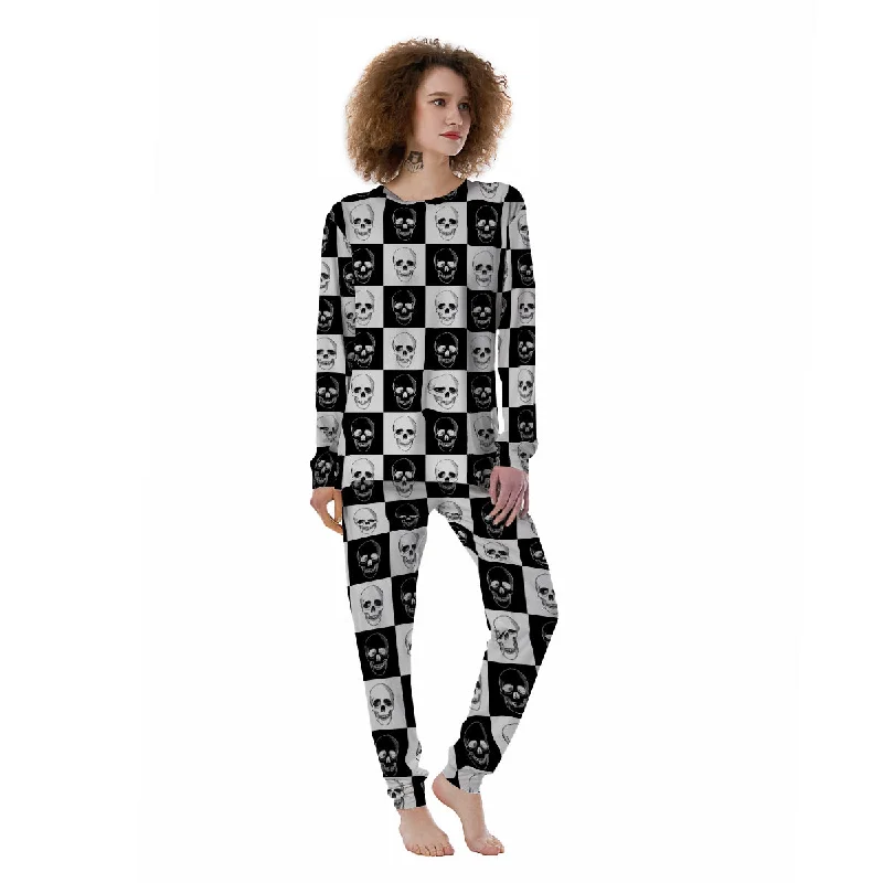 Skull Checkered Print Pattern Women's Pajamas