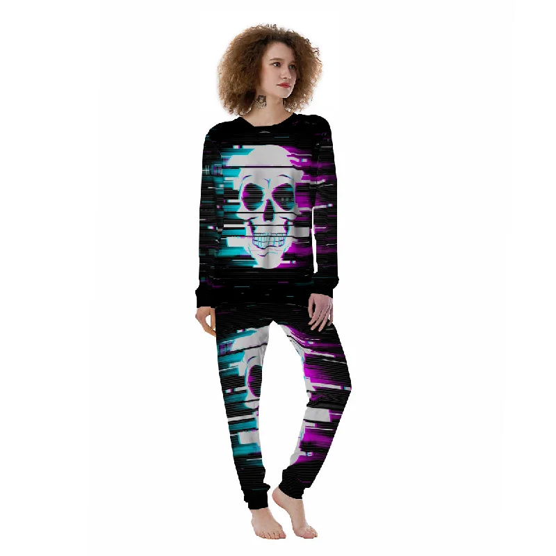 Smiling Skull Glitch Print Women's Pajamas