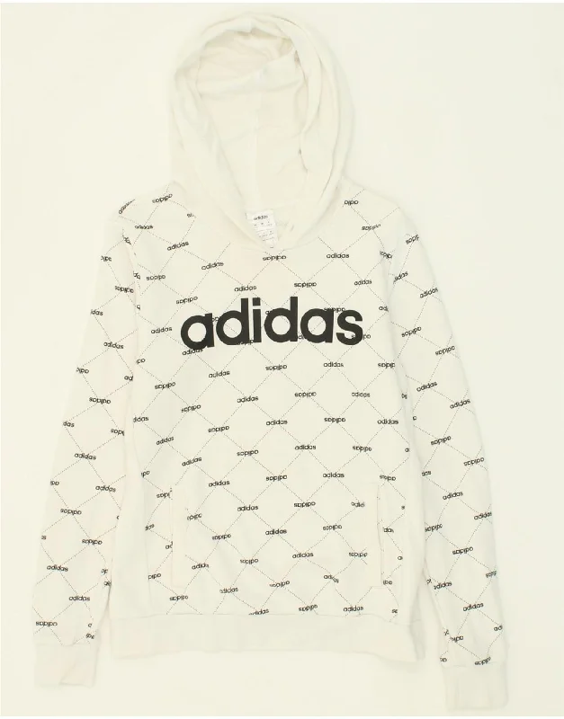 ADIDAS Womens Graphic Hoodie Jumper UK 8/10 Small White Check Cotton