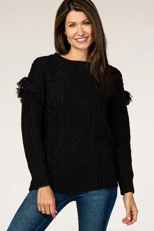 Black Cable Knit Fringe Sleeve Sweater