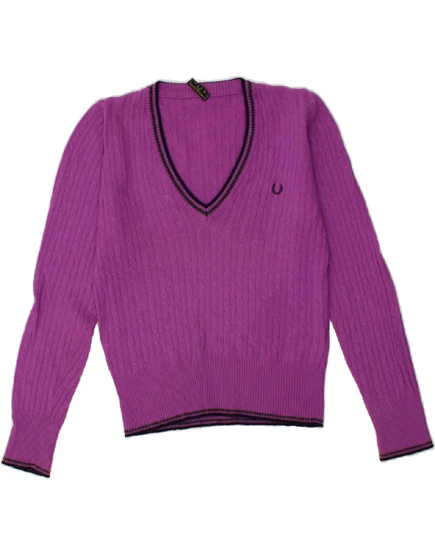 FRED PERRY Womens V-Neck Jumper Sweater UK 16 Large Purple Wool