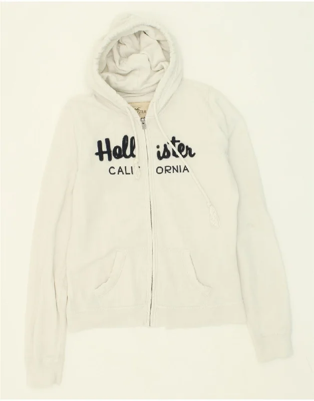 HOLLISTER Womens Graphic Zip Hoodie Sweater UK 14 Medium White Cotton