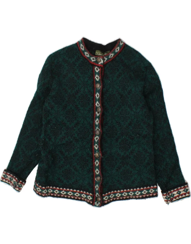 L.L.BEAN Womens Cardigan Sweater UK 10 Small Green Fair Isle Merino Wool