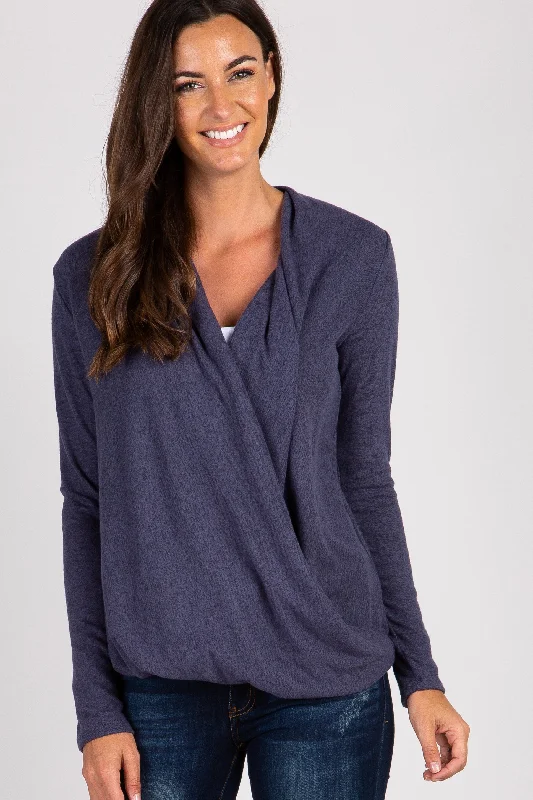 Navy Knit Draped Wrap V-Neck Nursing Top