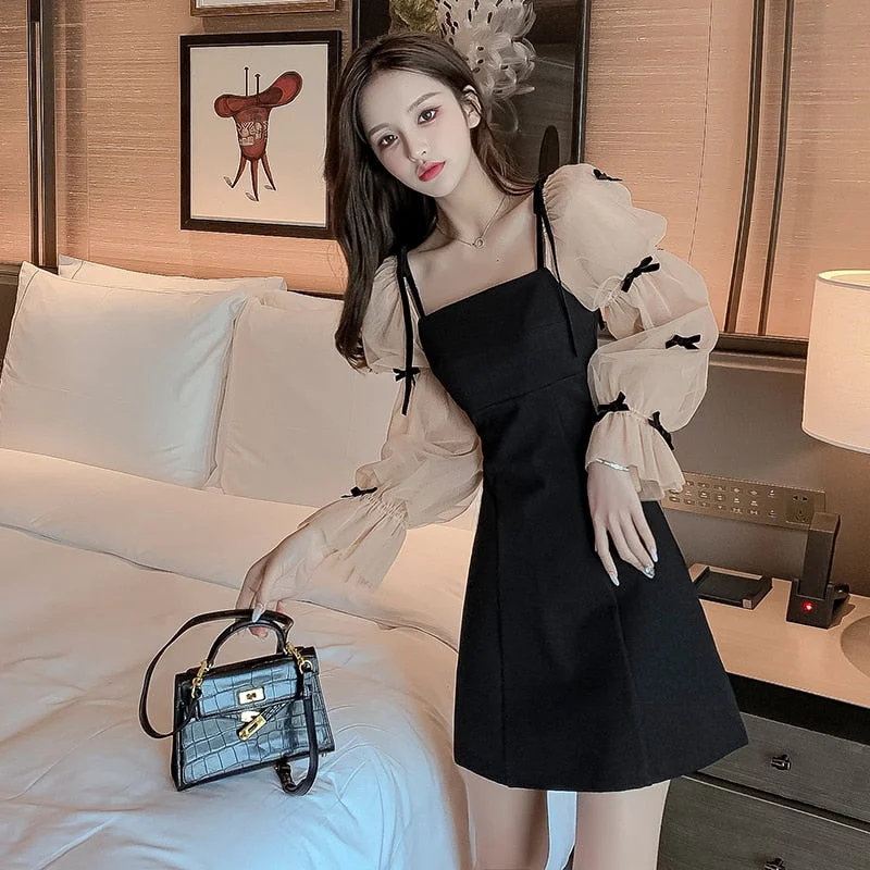 French Elegant Party Night Woman Mini Dress Patchwork Mesh Puff Sleeve Bow Sweet Girls Black Short Dresses Women Clothes Vestido