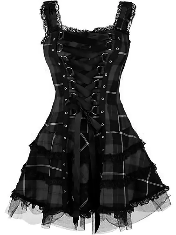 Goth Dark Plaid Bandage Gothic Women A-line Dresses Grunge Aesthetic Lace Trim Patchwork Mini Dress Punk Bodycon Sexy Partywear