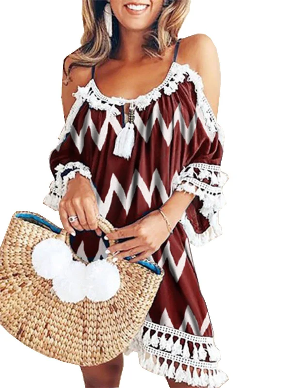 Women Chevron Print Off Shoulder Strap Mini Dress