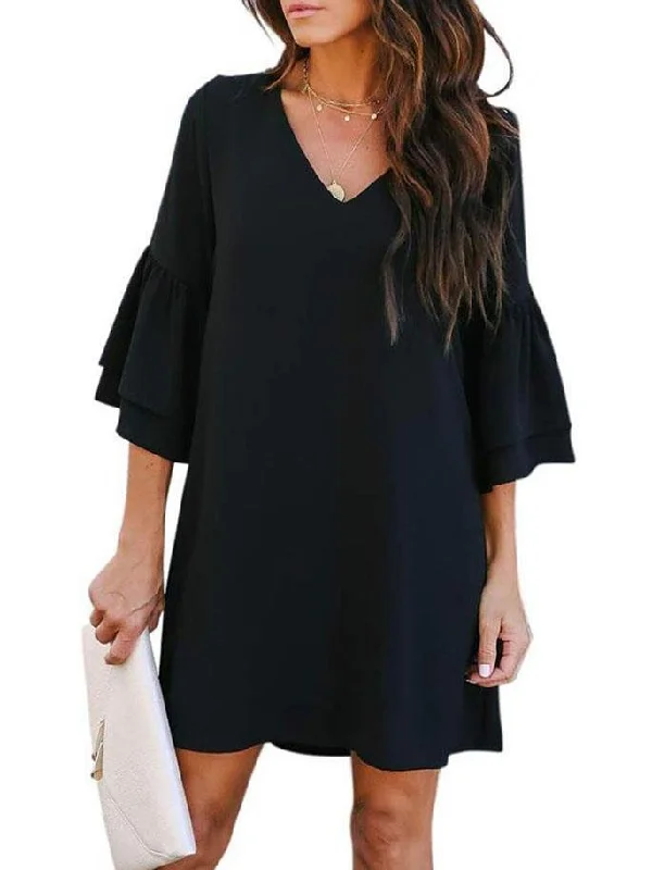 Women Loose Solid Color V Neck Mini Dress With Sleeve