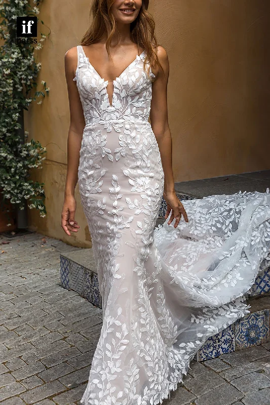 71216 - Mermaid/Trumpet V-Neck Lace Appliques Bohemian Wedding Dress