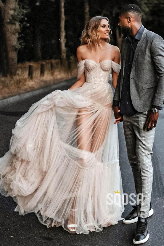 Unique Off-Shoulder Tulle Pleats Bohemian Wedding Dress QW2421