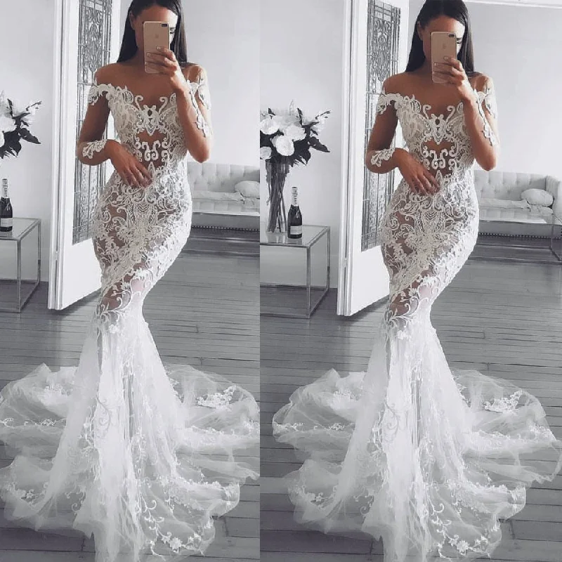 lace applique boho mermaid wedding dresses for bride 2020 elegant long sleeve cheap wedding gowns