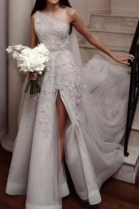 One Shoulder Sleeveless Empire Appliques Tulle Wedding Dress