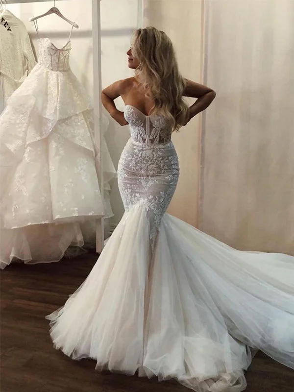 Sweetheart Lace Appliqued Tulle Mermaid Long Cheap Wedding Dresses, WDS0074