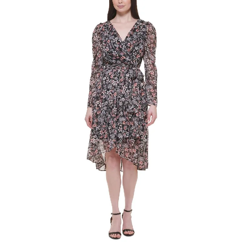 Petites Womens Chiffon Floral Midi Dress