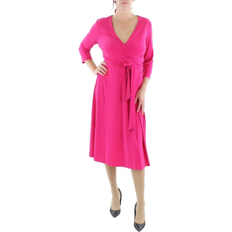 Womens 3/4 Sleeves V-Neck Midi Dress