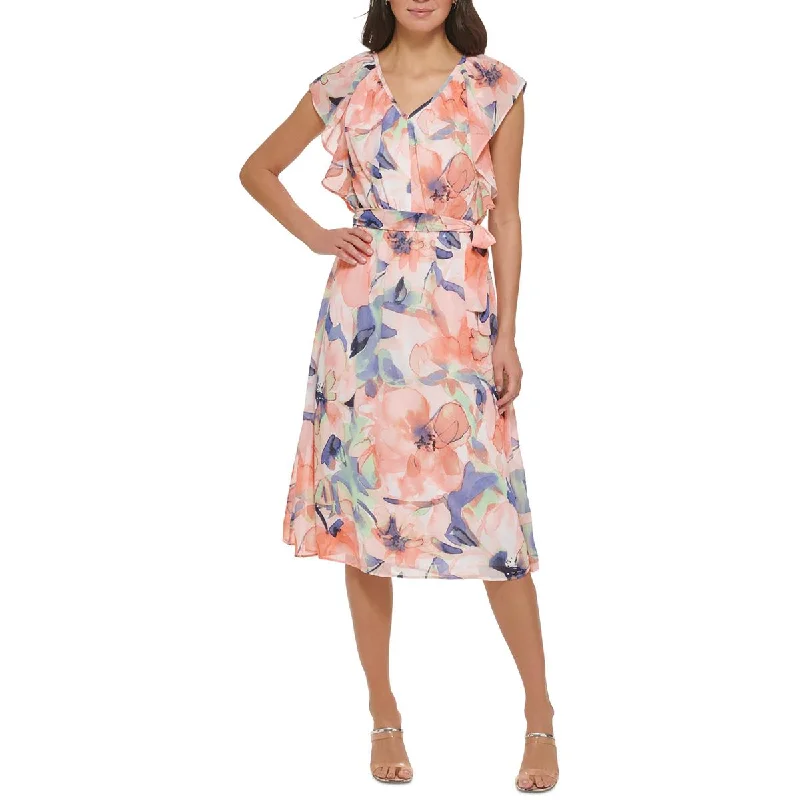 Womens Floral Print V-Neck Midi Dress