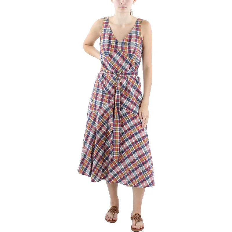 Madras Womens Plaid Cotton Midi Dress