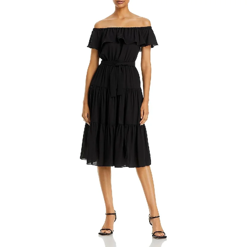 Womens Ruffled Belted Midi Dress