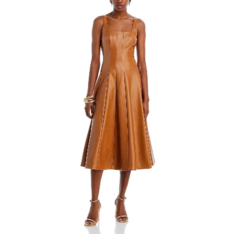 Womens Faux Leather Seamed Midi Dress