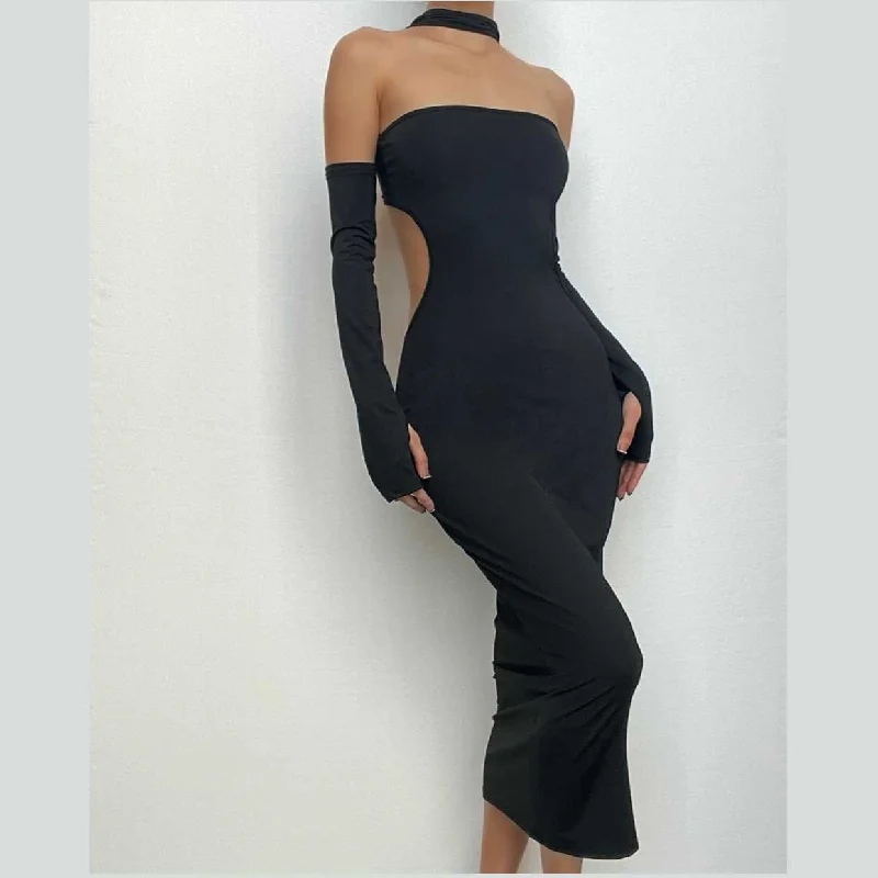 Gloves halter solid button hollow out backless cut out midi dress