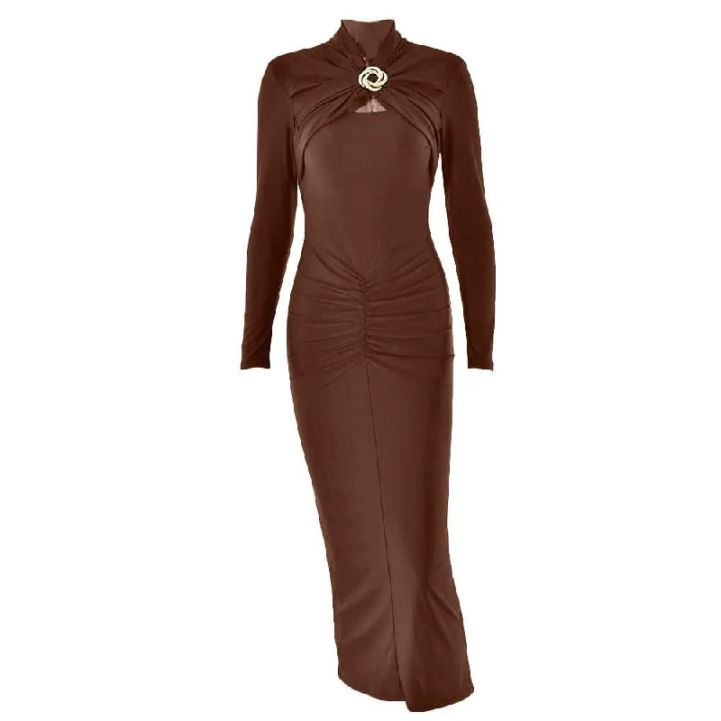 Hollow out long sleeve ruched slit solid cut out midi dress