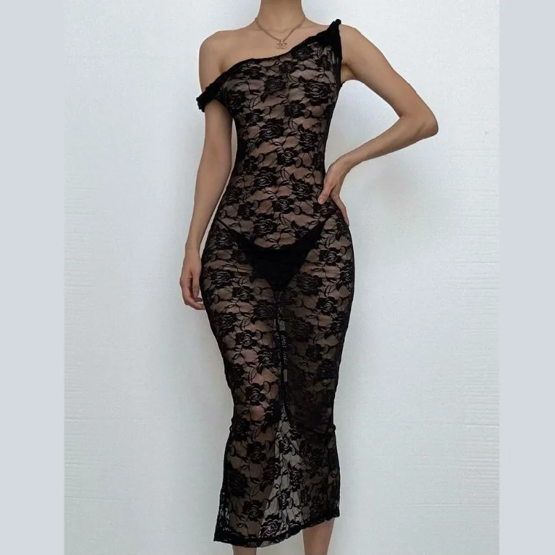 Irregular lace slit see through solid midi dress