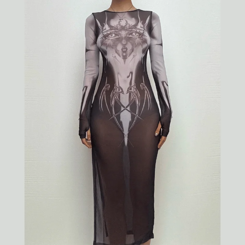 Long sleeve sheer mesh print midi dress