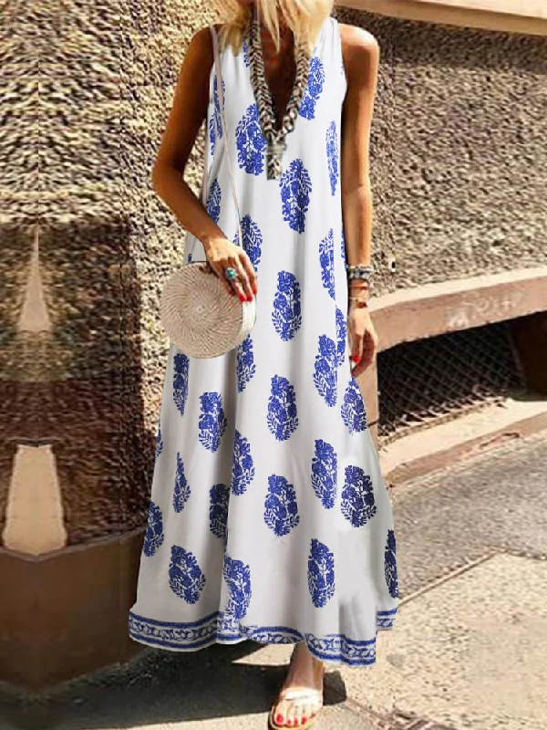 Bohemian Women V Neck Floral Print Sleeveless Maxi Dress