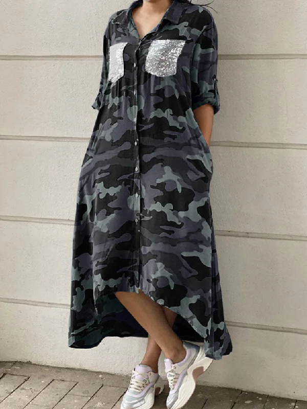 Camouflage Print Casual Maxi Dress With Pocket