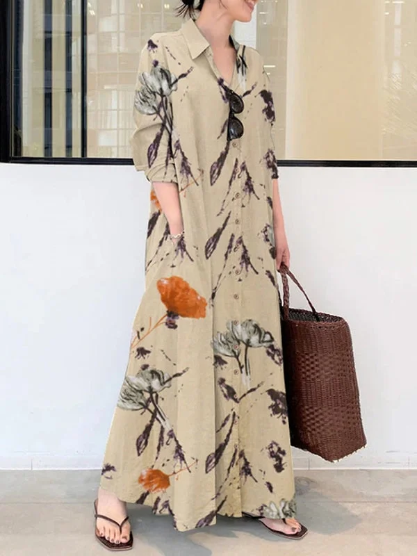 Ethnic Figure Print Lapel Long Sleeve Shirt Pocket Women Maxi Dress