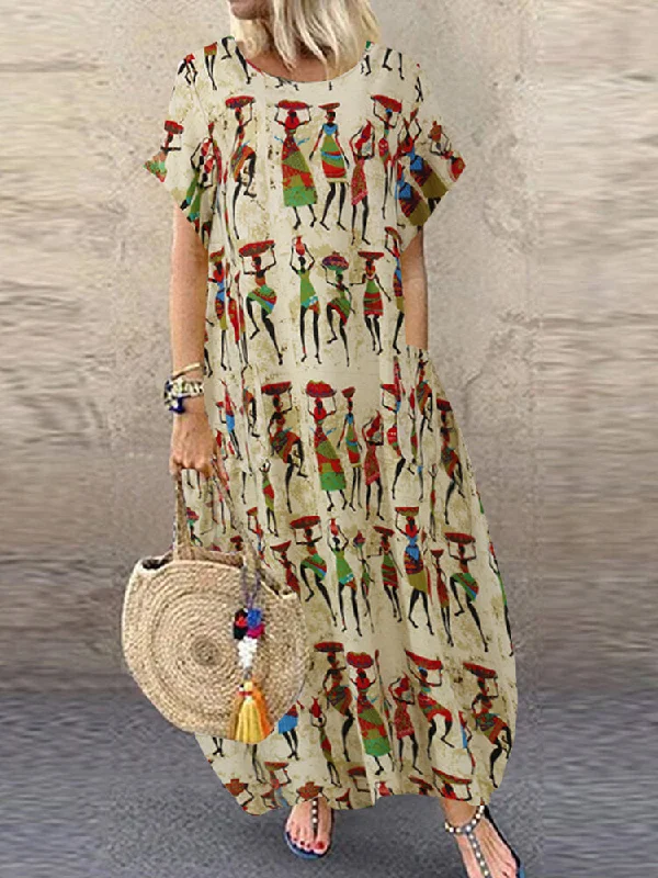 Ethnic Style Figure Print Round Neck Short Sleeve Loose Baggy Women Maxi Dress