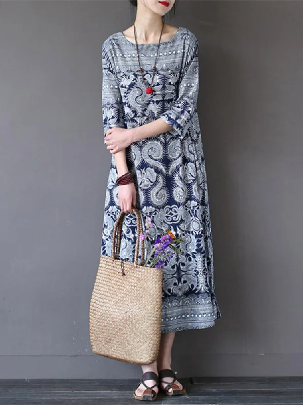 Loose Retro Printing 3/4 Sleeve Women Maxi Dress