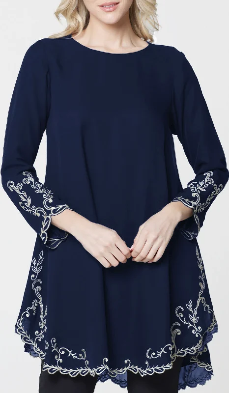 Meena Chiffon Formal Embroidered Long Modest Tunic - Navy Blue