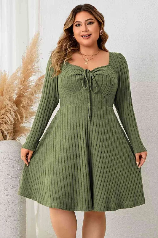 Sweetheart Neck Long Sleeve Ribbed Dress