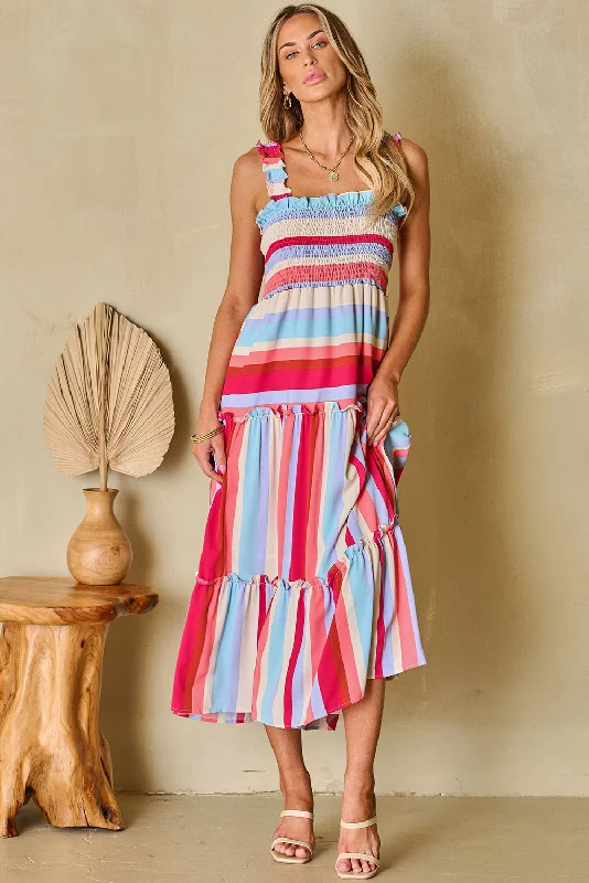 Ruffled Straps Smocked Tiered Long Dress