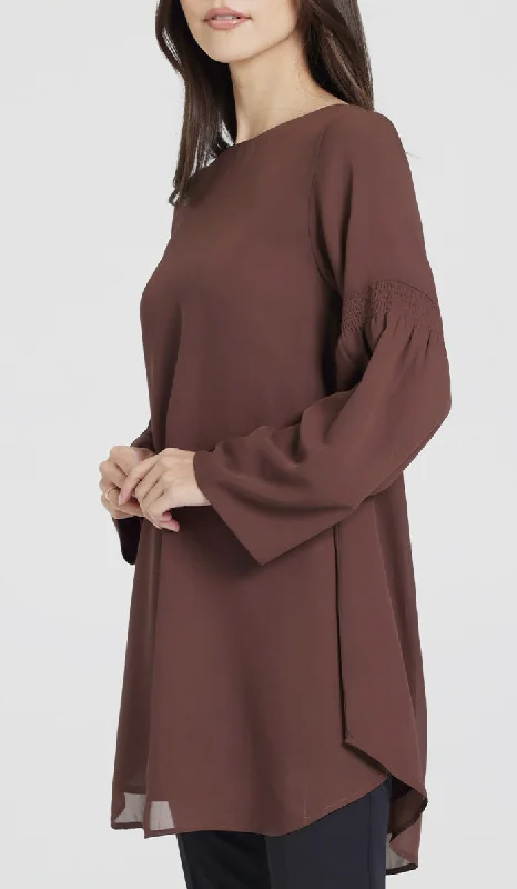 Sundus Long Chiffon Modest Top - Chocolate