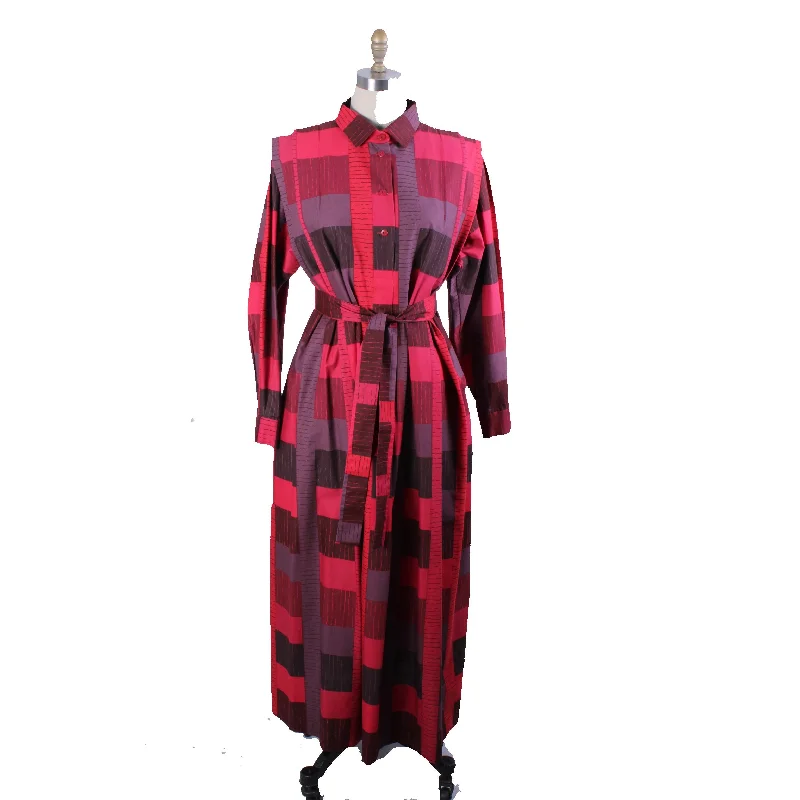 Vintage Marimekko 1980s Cotton Plaid Shirt Tent Maxi Dress Red & Purple  40/12 M/L