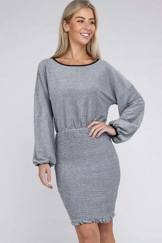 Silver Bishop Sleeve Metallic Dress