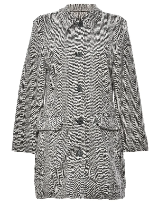 Black & Light Grey Herringbone Tweed Wool Coat - L Dark color unclassified dresses
