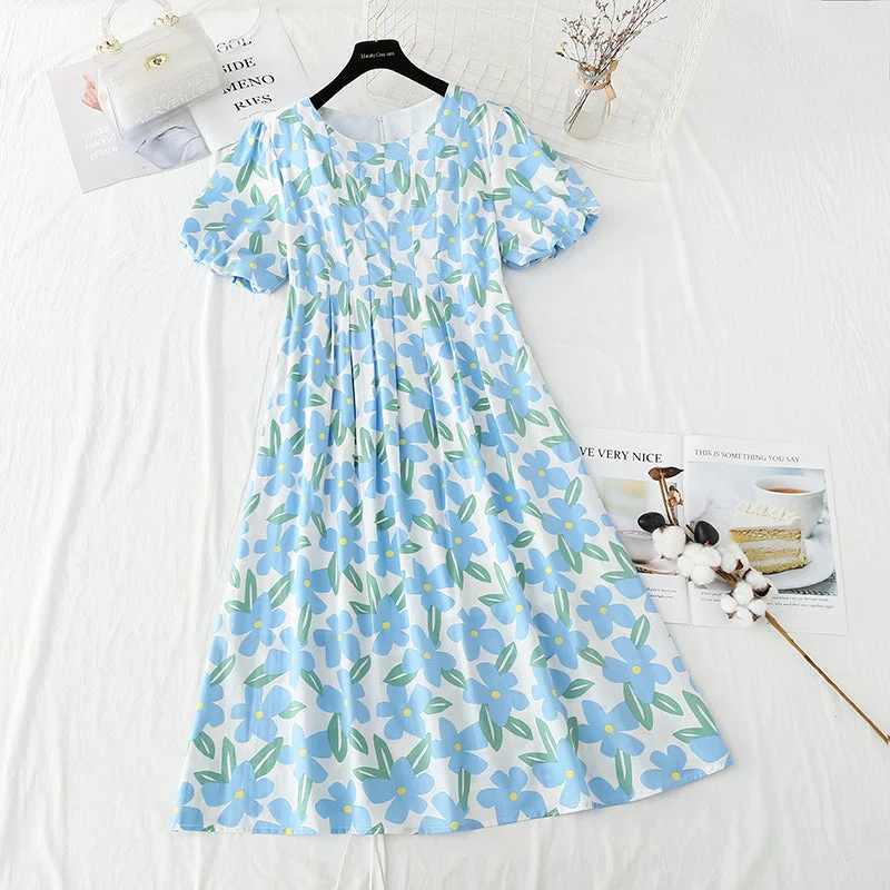 Bubble sleeve cotton linen dress gentle wind broken flowers  4248