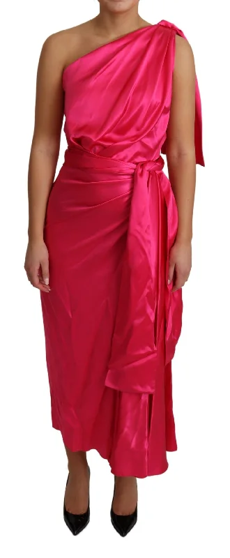 Elegant Fuchsia Silk One-shoulder Wrap Dress