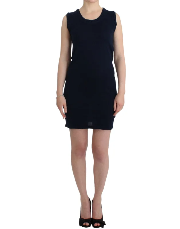 Elegant Knee-length Blue Cotton Dress