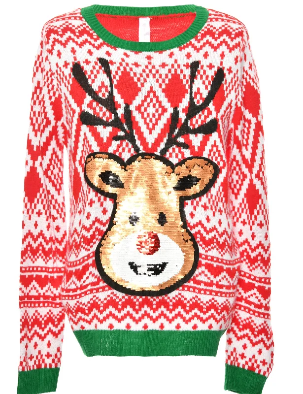 Green & Red Reindeer Design Christmas Jumper - XL