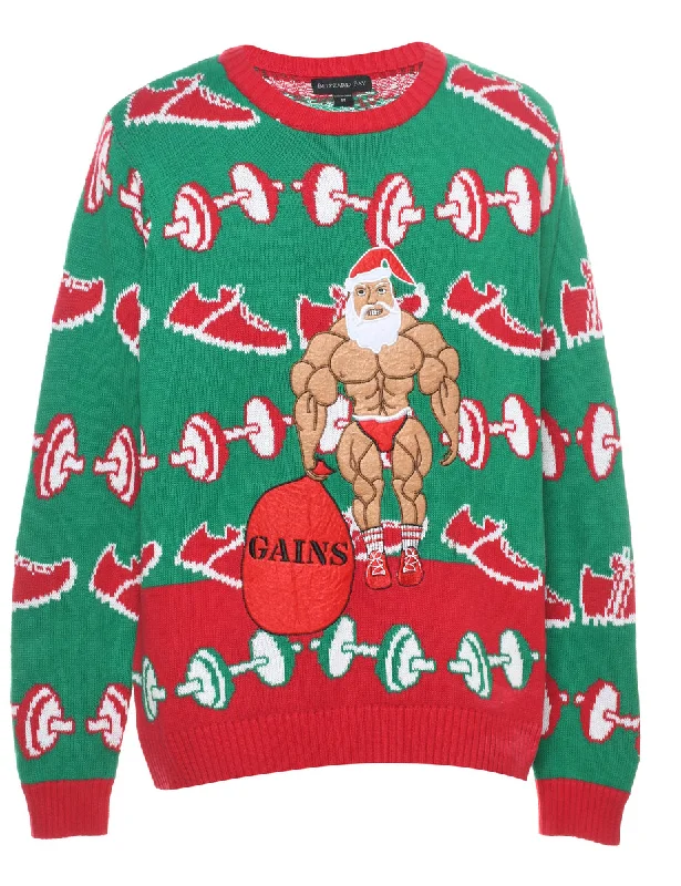 Green & Red Santa Claus Design Jumper - M