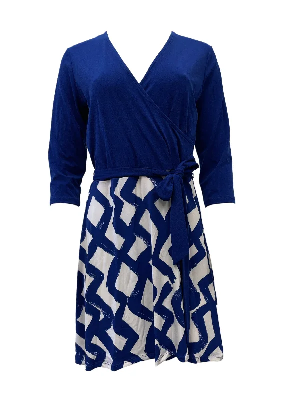 Leota Women's Blue Zig Zag Navy Crepe A-Line Stretchy Dress #2515 NWT