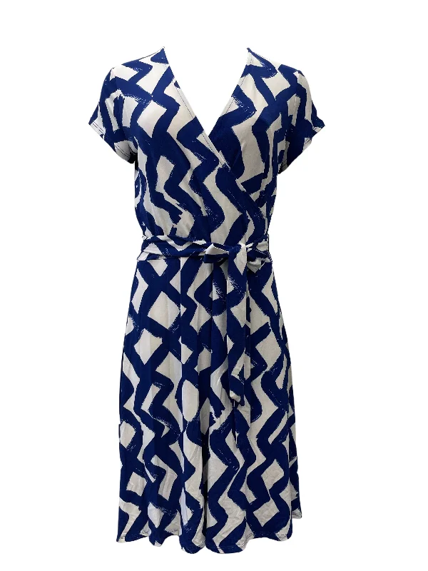 Leota Women's Blue Zig Zag V-Neck A-Line Stretchy Dress #2005 NWT